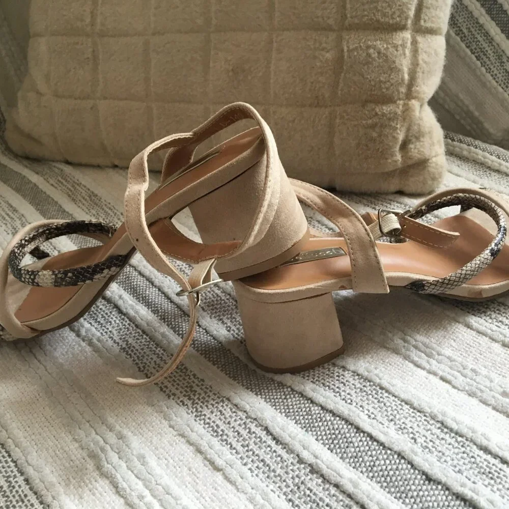 Beige Suede Block Heel Sandals with Snakeskin Straps